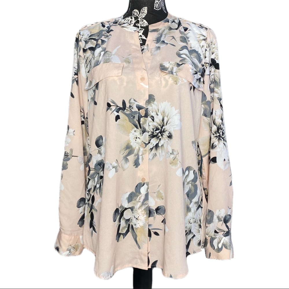 NWT Calvin Klein Pink Floral Rose Button Down Rolled Cuff Long Sleeve Blouse
